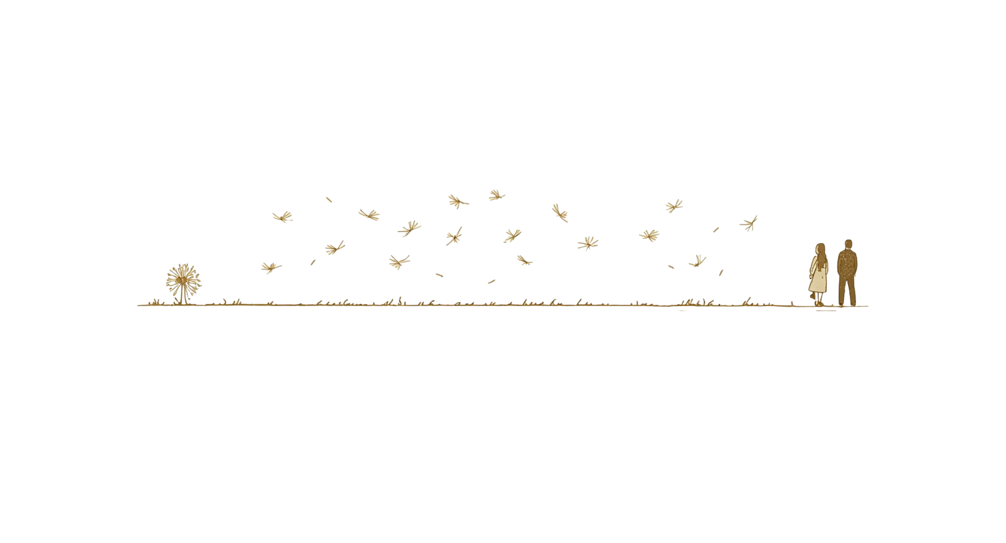 A couple standing in a field, watching dandelion seeds drift on the wind